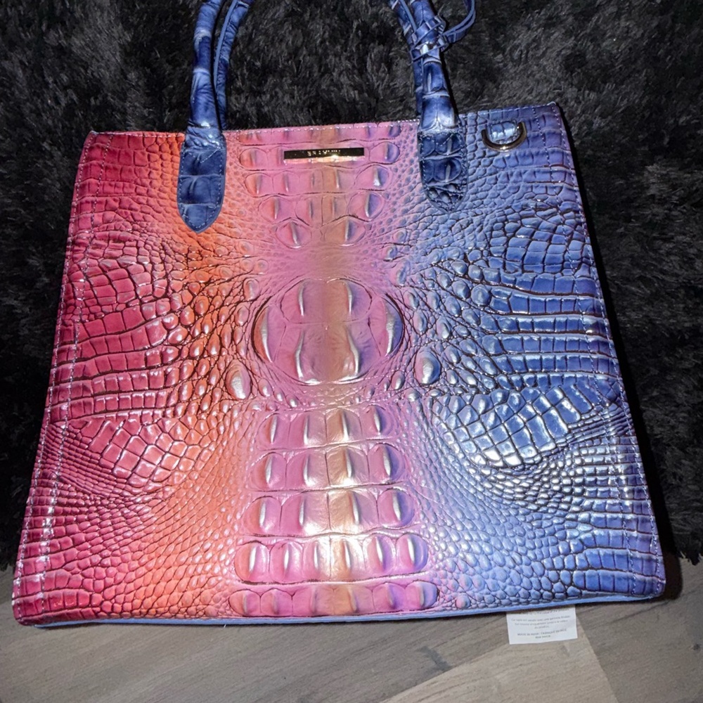 Brahmin Pink-Blue Gradient Croc-Embossed Shoulder Bag